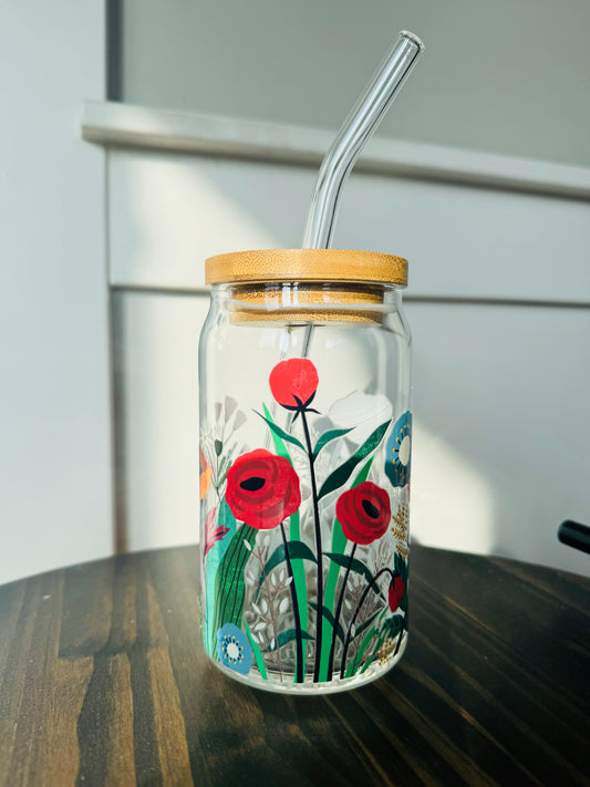 Blue Wildflower 16oz Libbey Glass with Lid and Straw