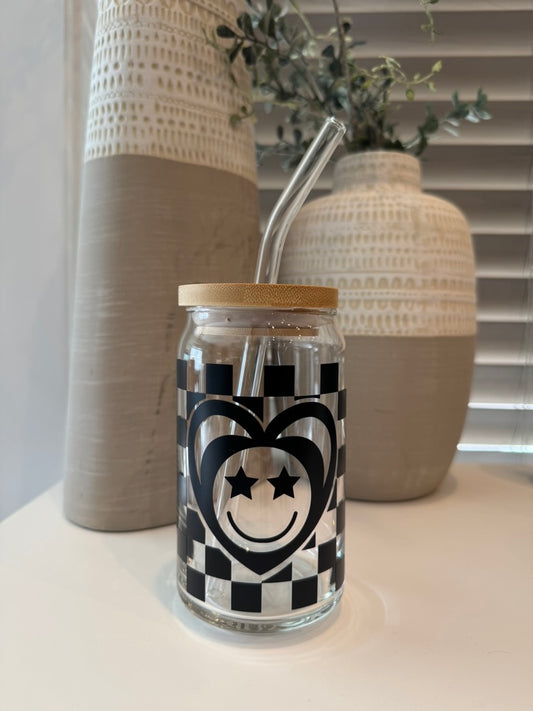 Retro Checkered Smiley Face Libbey Glass