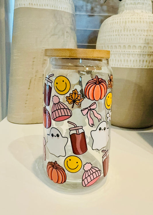 Fall Flowers & Ghosts 16oz Libbey Glass with Lid and Straw