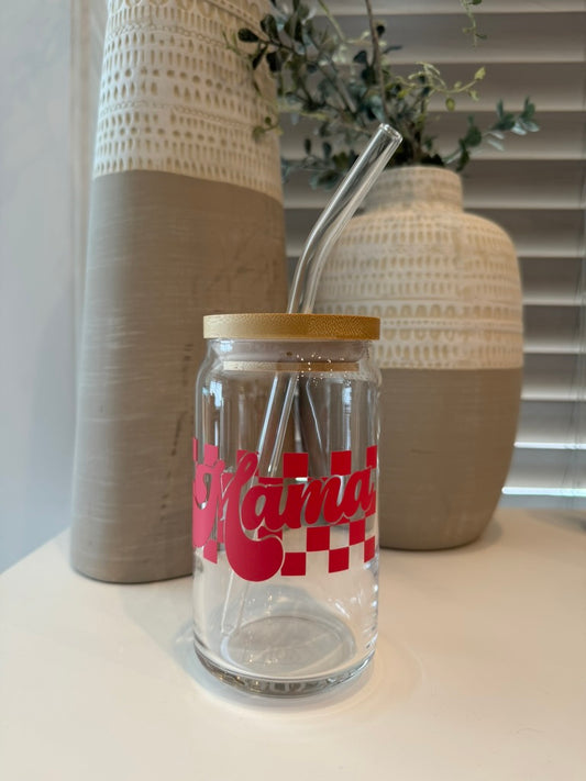 Checkered Mama Libbey glass with Lid and straw