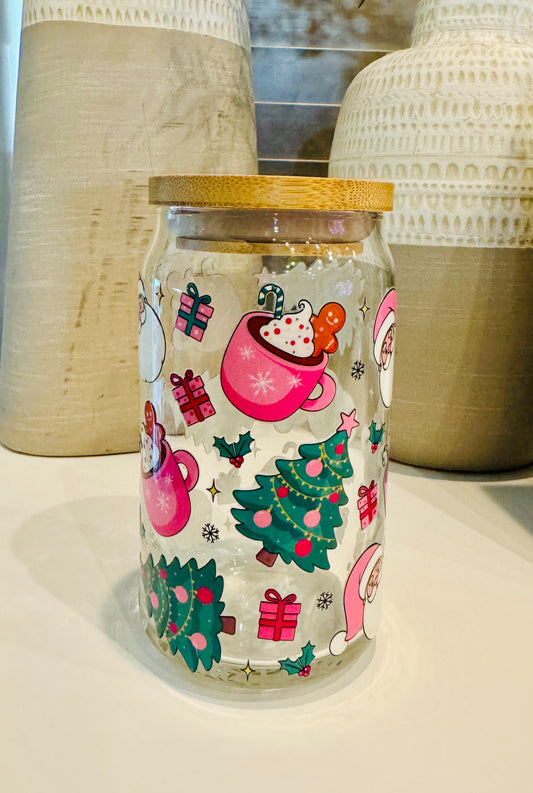 Christmas Tree and Santa 16oz Libbey Glass with Lid and Straw