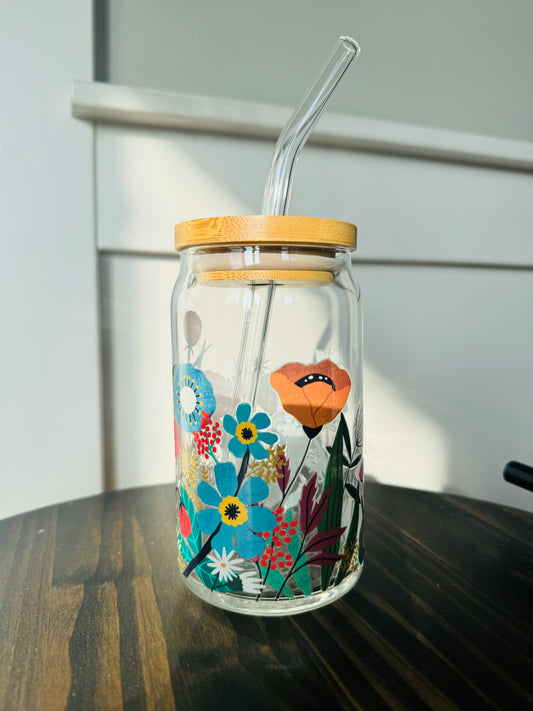 Blue Wildflower 16oz Libbey Glass with Lid and Straw