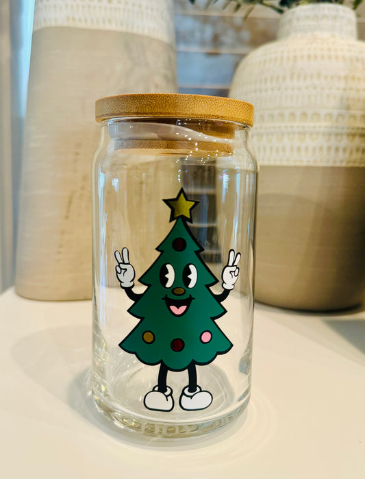 Christmas Tree 16oz Libbey Glass with Lid and Straw