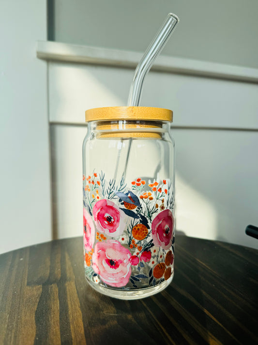 Pink Water Color Flowers 16oz Libbey Glass with Lid and Straw