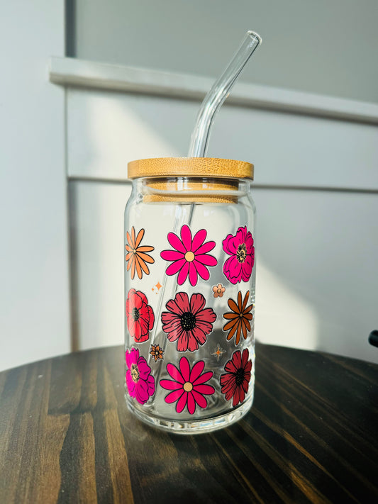 Retro Flowers 16oz Libbey Glass with Lid and Straw