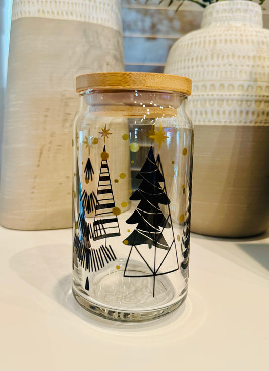 Black and Gold Christmas Tree 16oz Libbey Glass with Lid and Straw