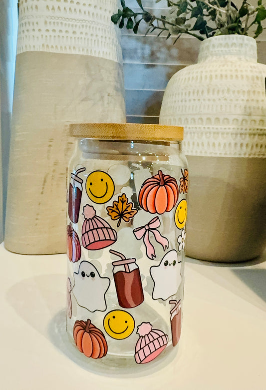 Fall Flowers & Ghosts 16oz Libbey Glass with Lid and Straw