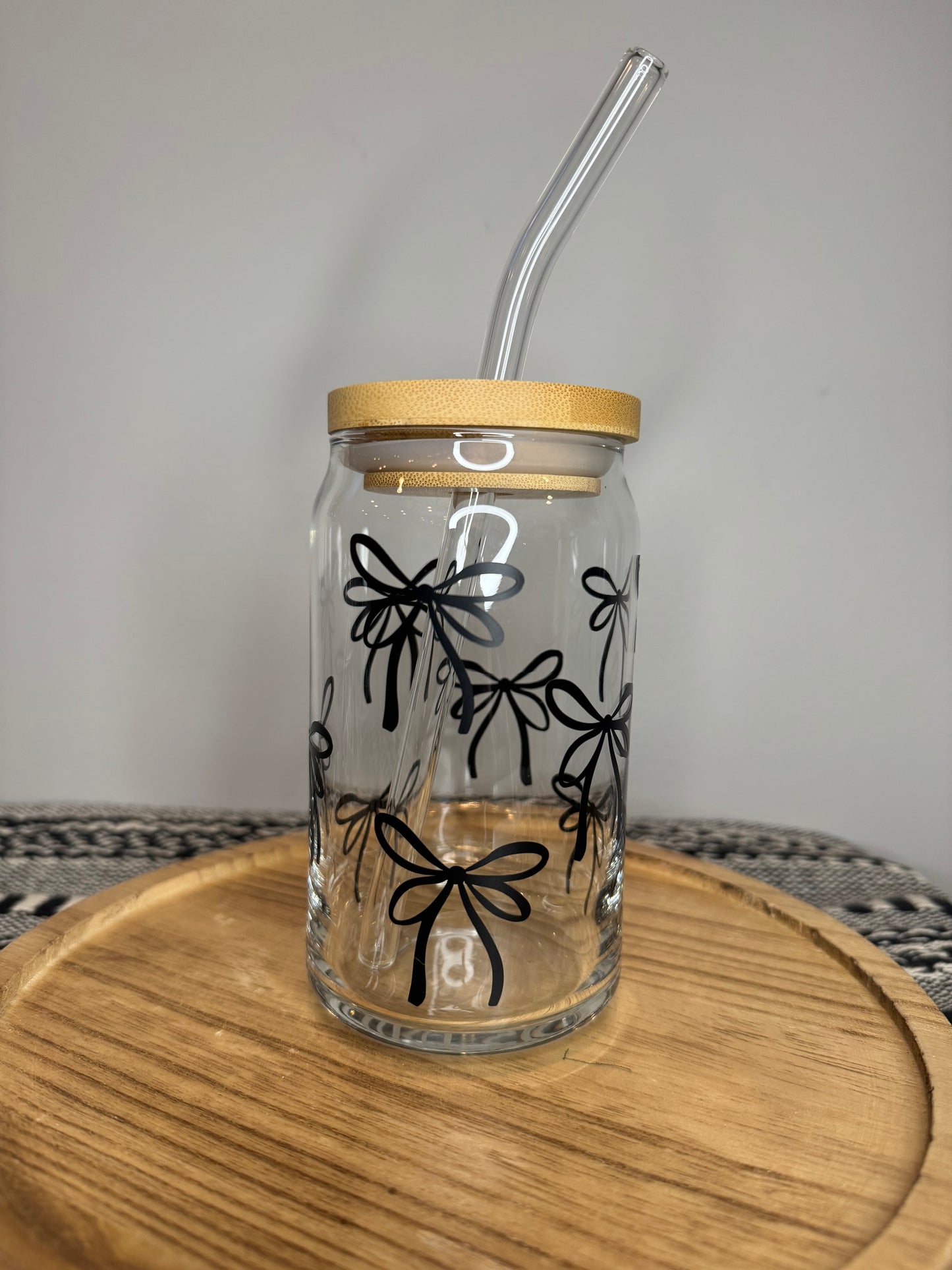 Pink Bow 16oz Libbey Glass with Lid and Straw