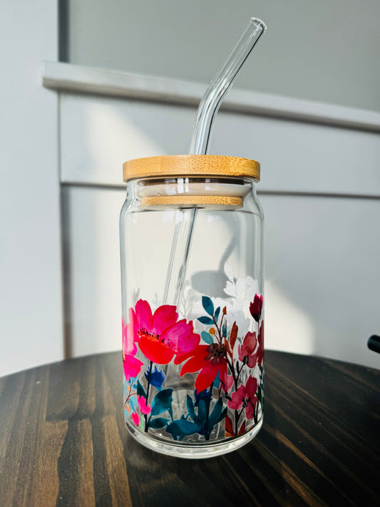 Pink Wildflower 16oz Libbey Glass with Lid and Straw