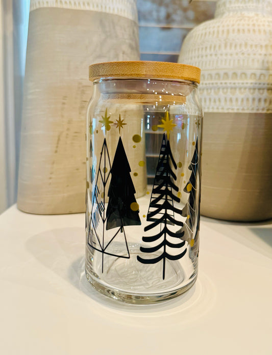 Black and Gold Christmas Tree 16oz Libbey Glass with Lid and Straw