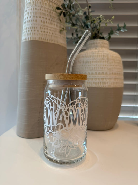 Floral Mama Libbey glass with Lid and straw