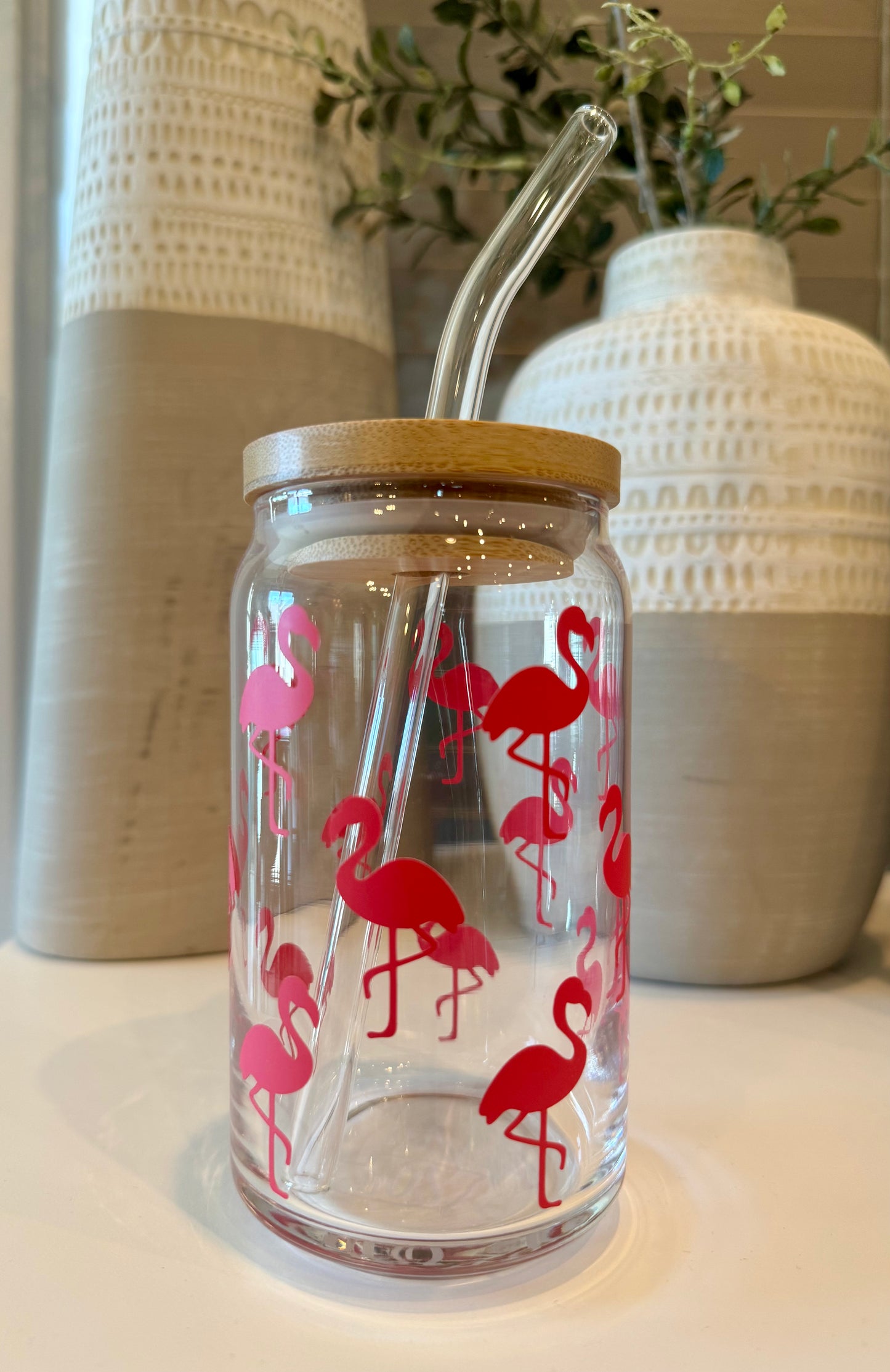 Flamingo 16oz Libbey Glass with Lid and Straw