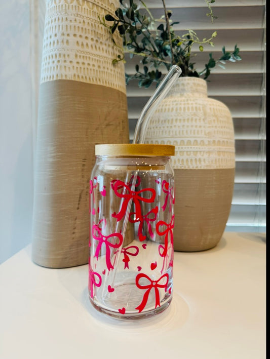 Pink Bow 16oz Libbey Glass with Lid and Straw