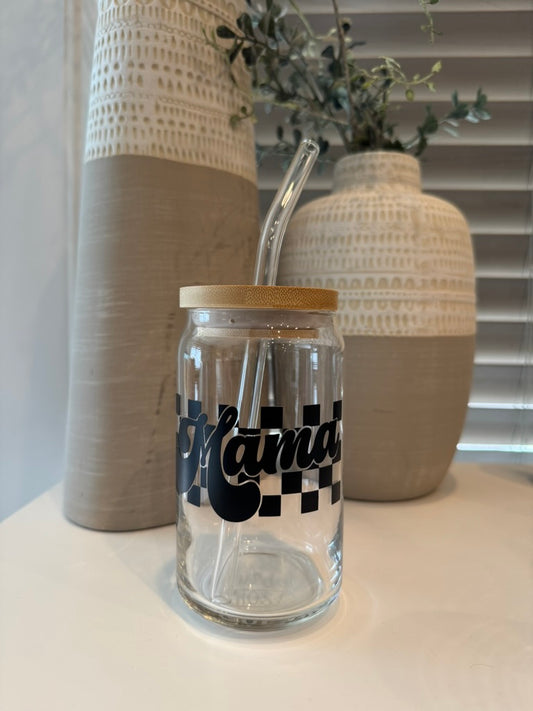 Checkered Mama Libbey glass with Lid and straw