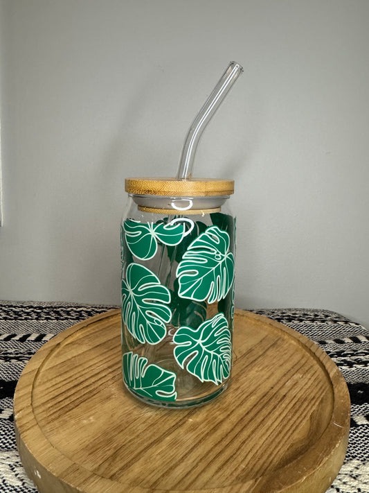 Monstera Libbey Glass with lid and straw