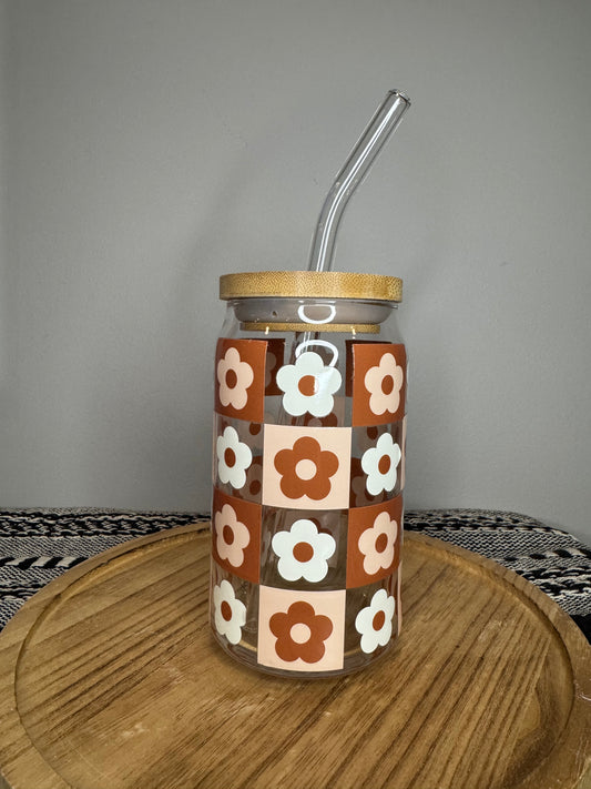 Retro Flower Wrap- 16oz Libbey Glass with Lid and Straw