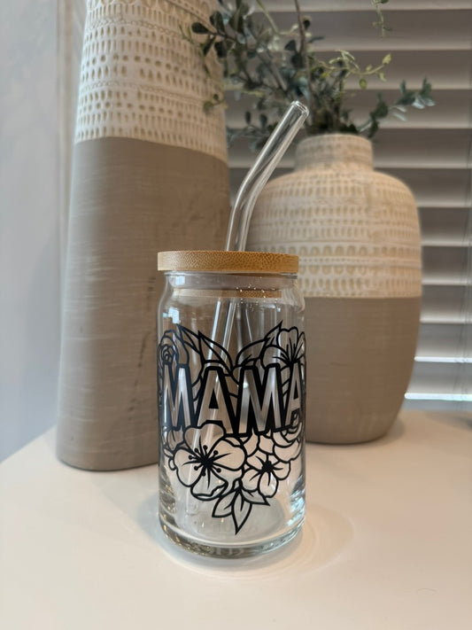 Floral Mama Libbey glass with Lid and straw