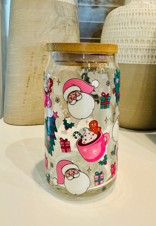 Christmas Tree and Santa 16oz Libbey Glass with Lid and Straw