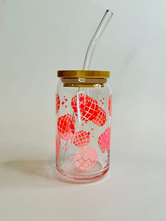 Disco Ball 16oz Libbey Glass with Lid and Straw