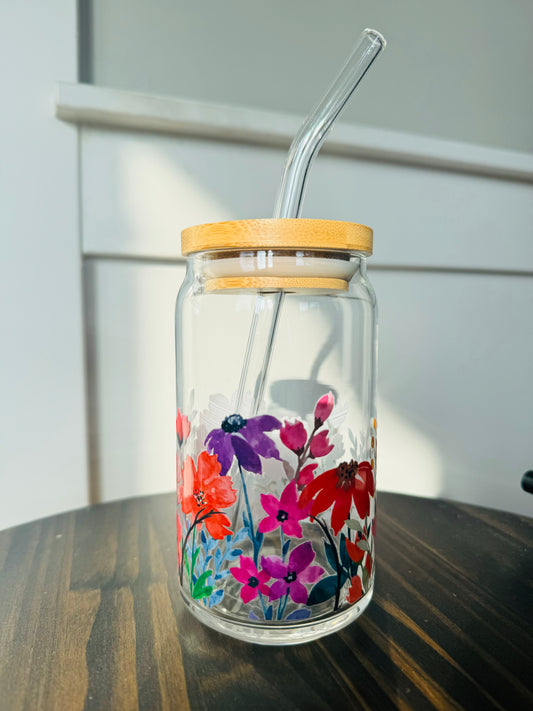 Pink Wildflower 16oz Libbey Glass with Lid and Straw