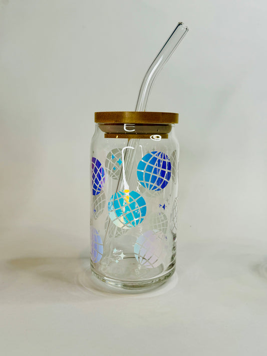 Disco Ball 16oz Libbey Glass with Lid and Straw
