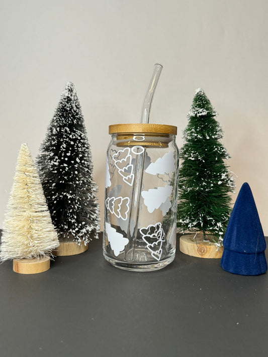 Christmas Tree 16oz Libbey Glass with Lid and Straw