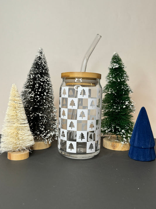 Checkered Christmas Tree 16oz Libbey Glass with Lid and Straw