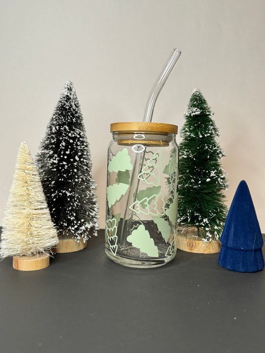 Christmas Tree 16oz Libbey Glass with Lid and Straw