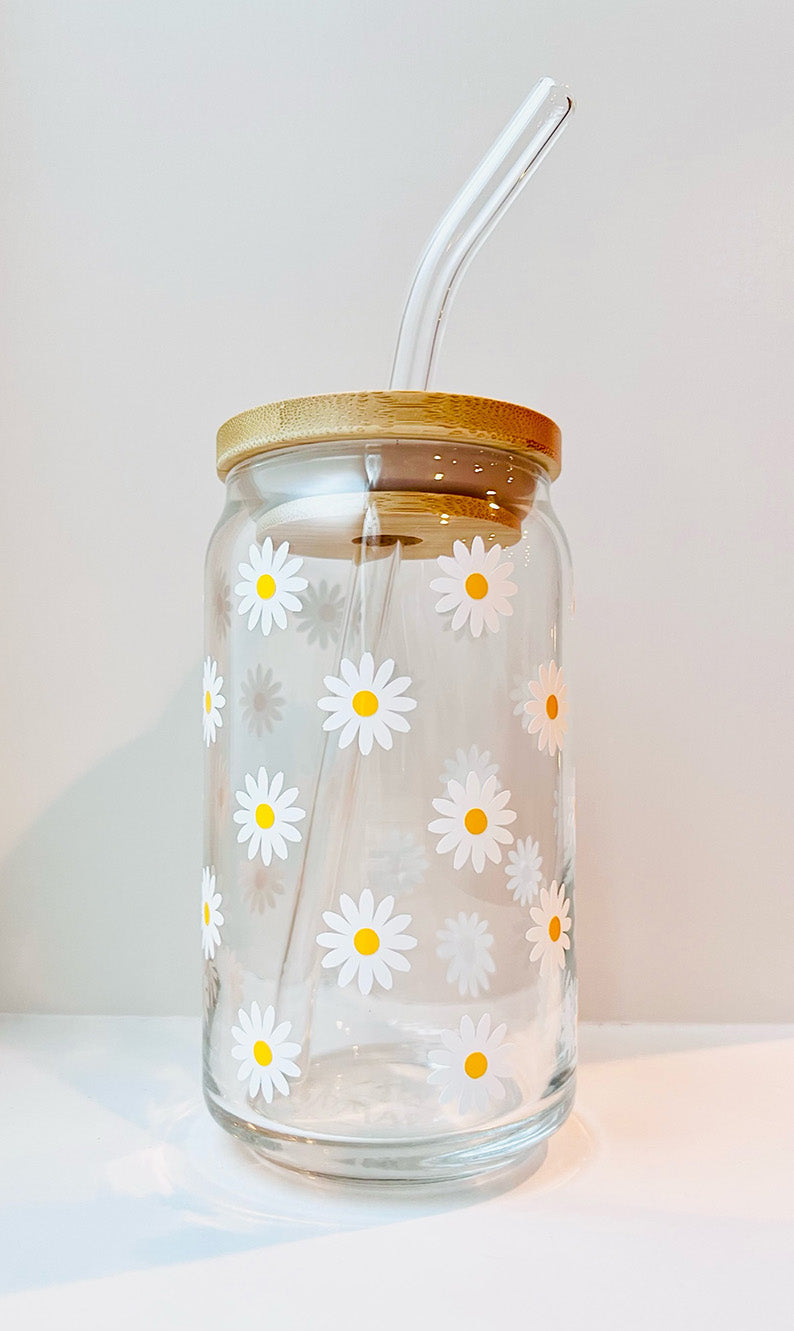 Daisy Pattern Drinking Glass With Lid And Straw Can - Temu
