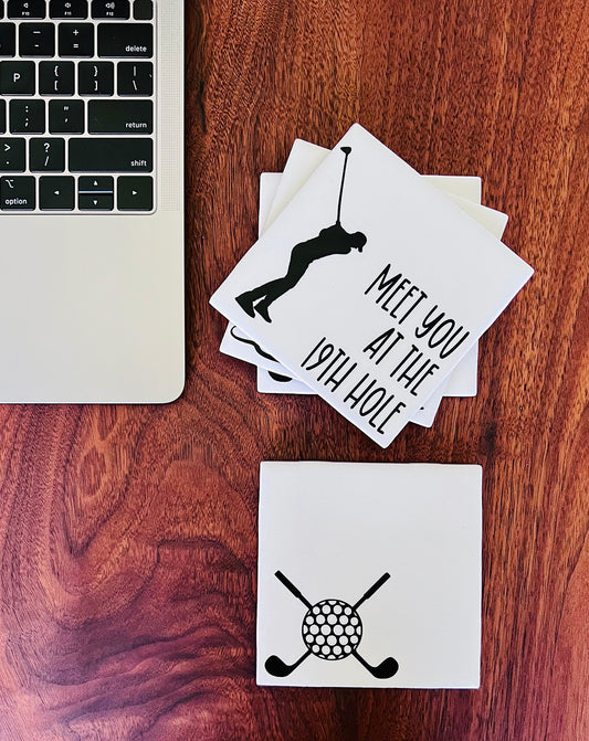 Golf Coaster Set - 19th Hole Drinks with Holder - Customizable Name