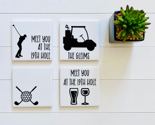 Golf Coaster Set - 19th Hole Drinks with Holder - Customizable Name