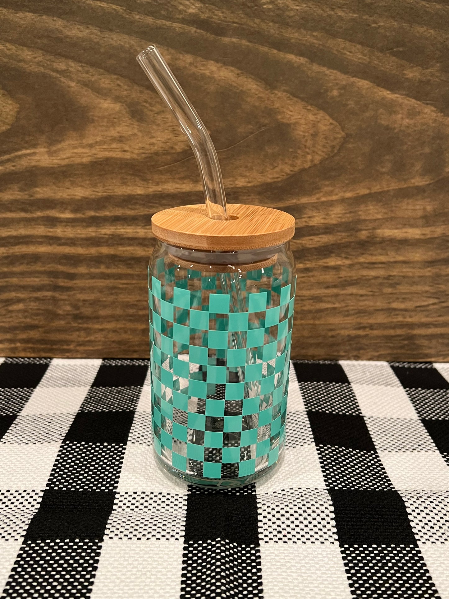 Checkered 16oz Libbey Glass with Lid and Straw
