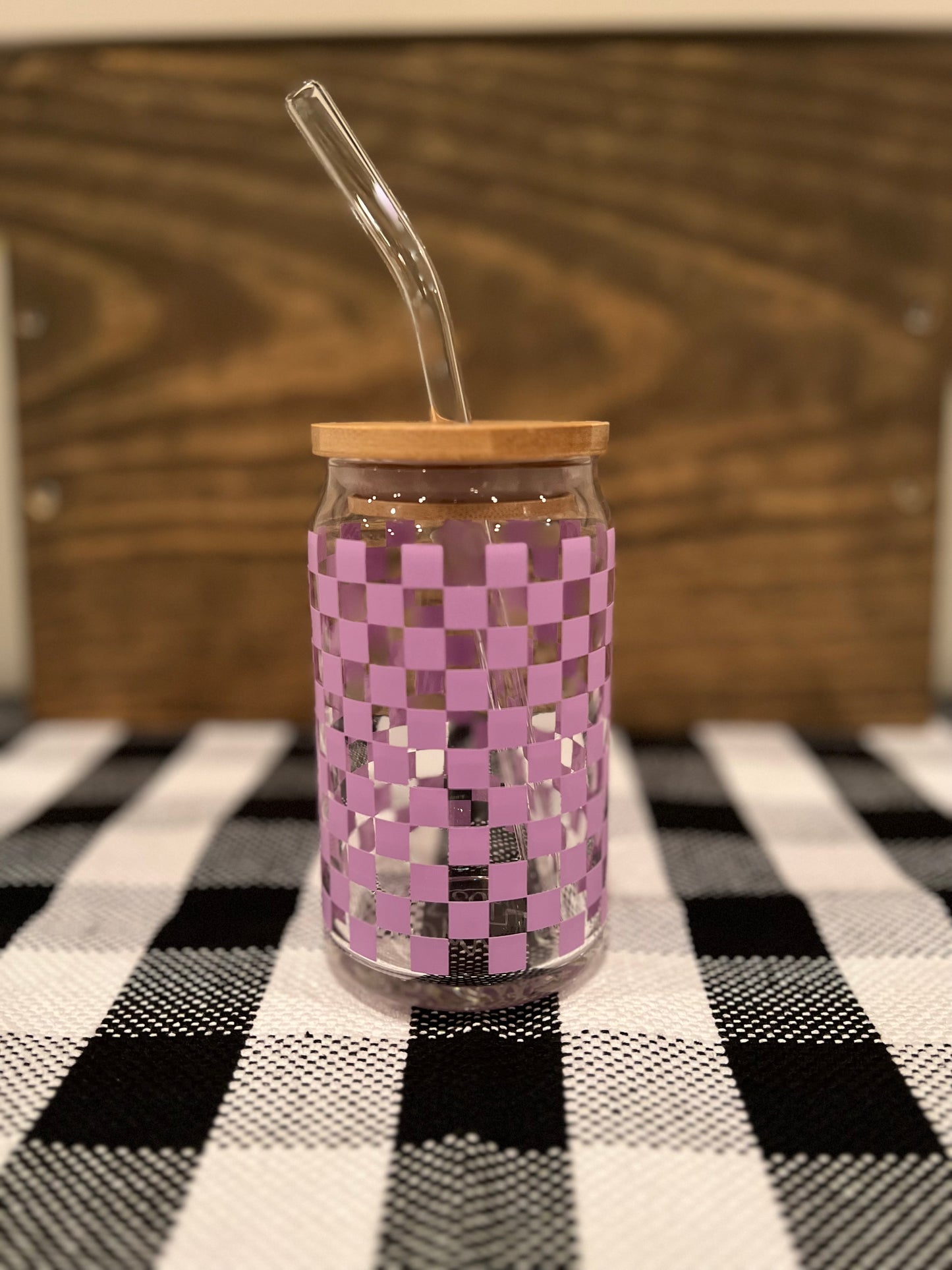 Checkered 16oz Libbey Glass with Lid and Straw