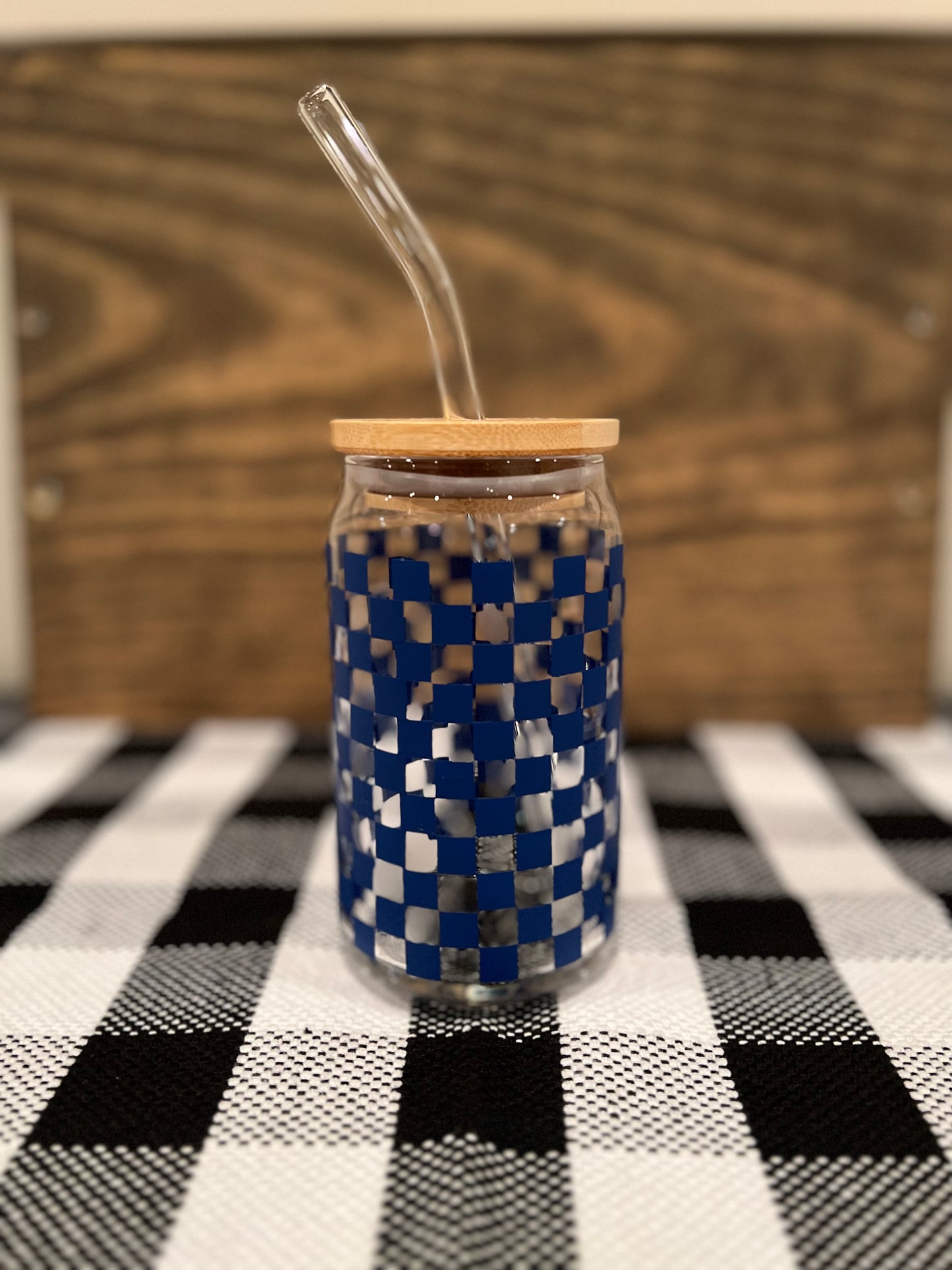 Checkered 16oz Libbey Glass with Lid and Straw