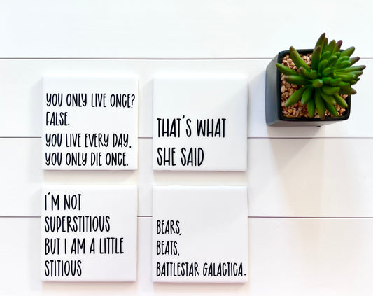 The Office Quotes Coaster Set - That's What She Said with Holder