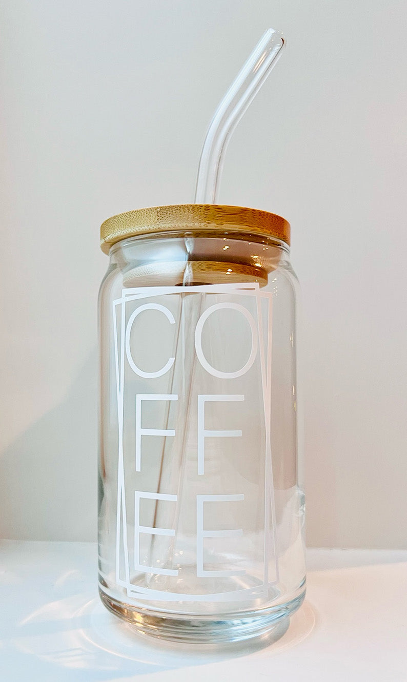 Nebraska Etched Iced Coffee Glass, Bamboo Lid and Straw Included