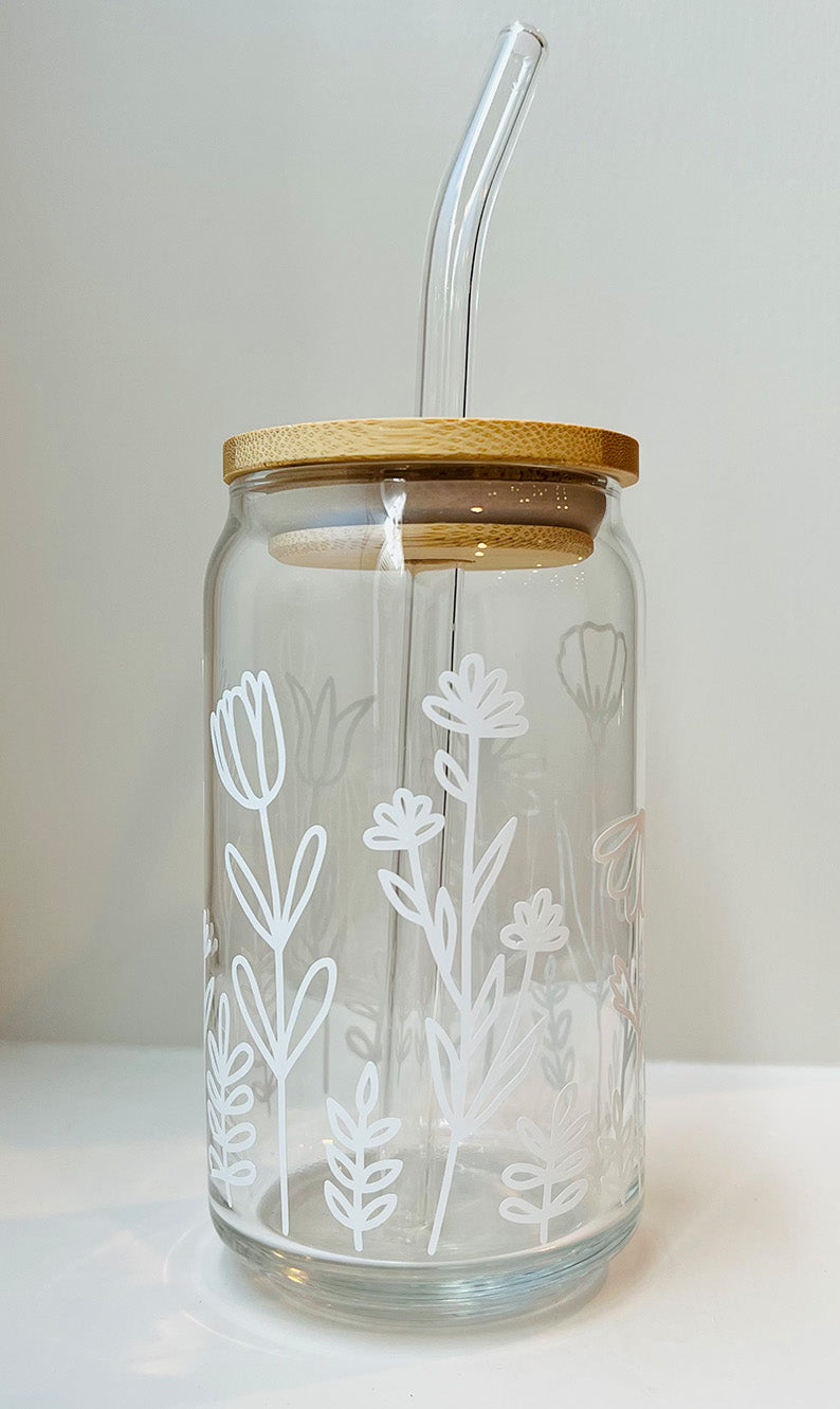 Wildflower 16oz Libbey Glass with Lid and Straw