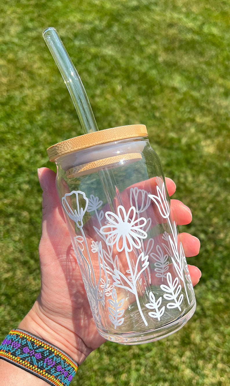 Wildflower 16oz Libbey Glass with Lid and Straw