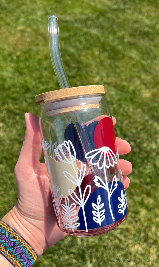 Wildflower- Colors 16oz Libbey Glass with Lid and Straw