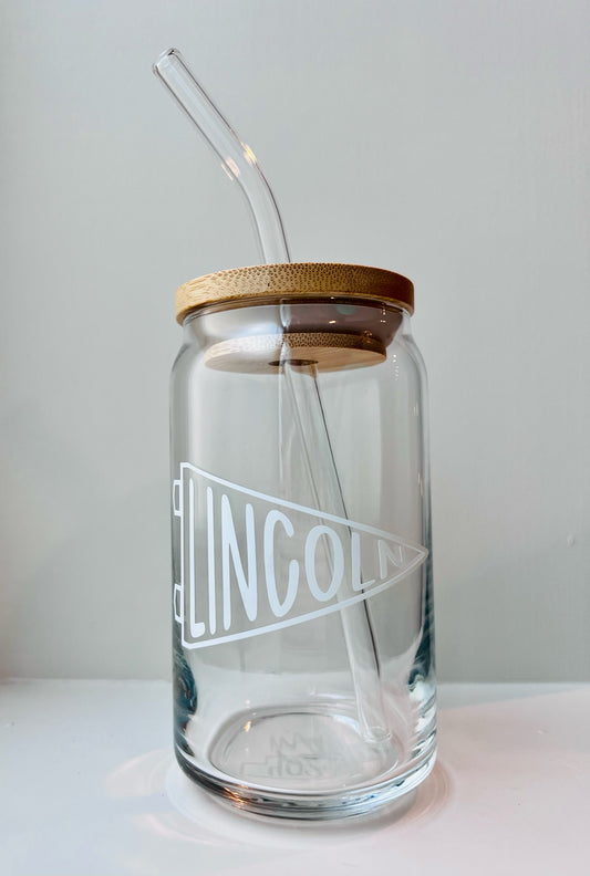 Lincoln Pennant 16oz Libbey Glass with Lid and Straw