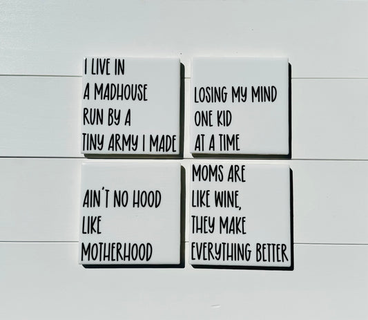 Mom Quotes Coaster Set - Moms Are Like Fine Wine with holder