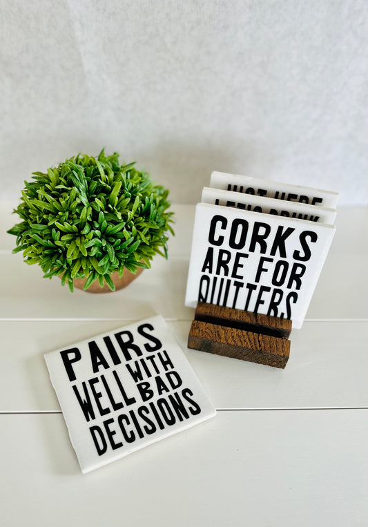 Wine Quotes Coaster Set - with Holder