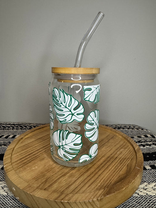 Monstera Libbey Glass with lid and straw