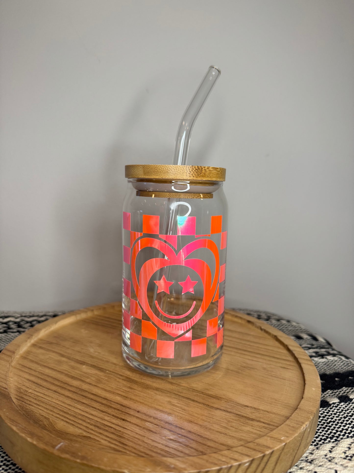 Retro Checkered Smiley Face Libbey Glass