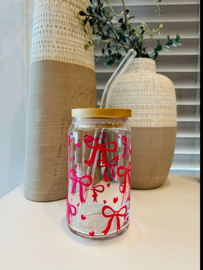 Pink Bow 16oz Libbey Glass with Lid and Straw