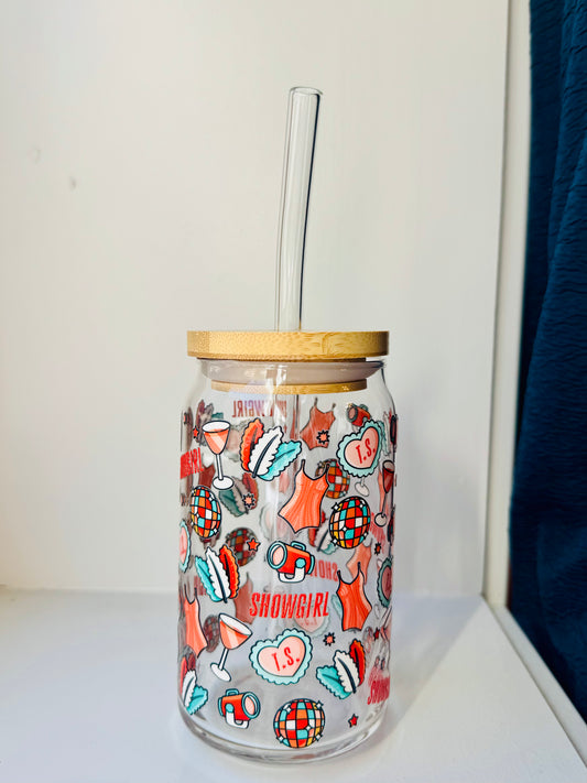 Showgirl!  16oz Libbey Glass with Lid and Straw