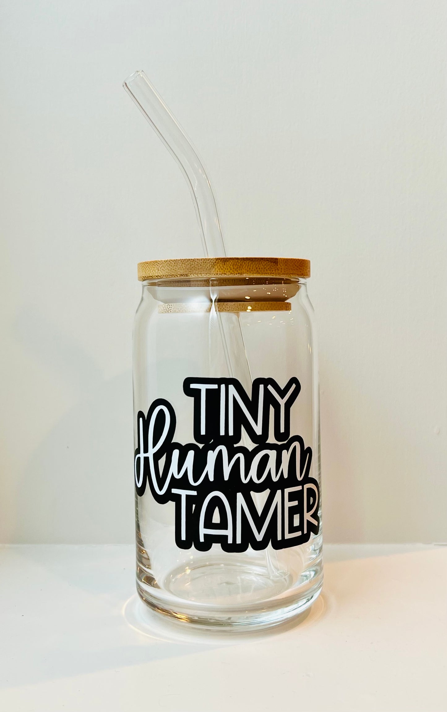 Tiny Human Tamer 16oz Libbey Glass with Lid and Straw