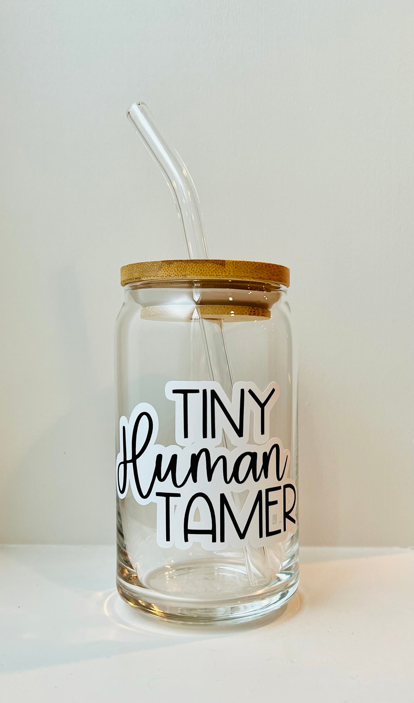 Tiny Human Tamer 16oz Libbey Glass with Lid and Straw