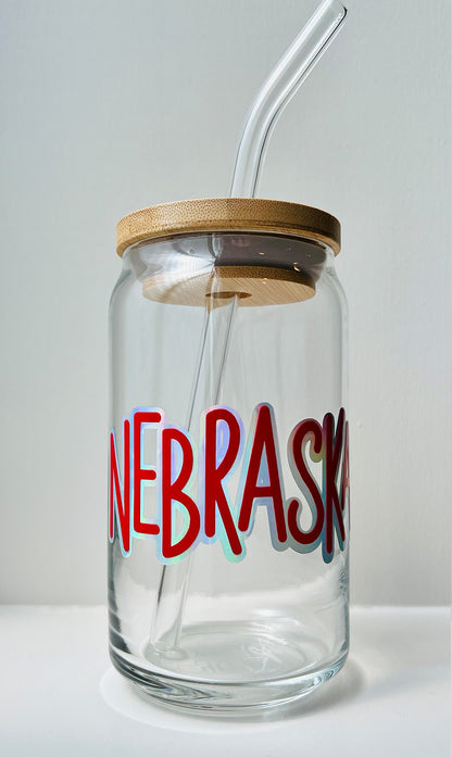 Holographic Nebraska 16oz Libbey Glass with Lid and Straw