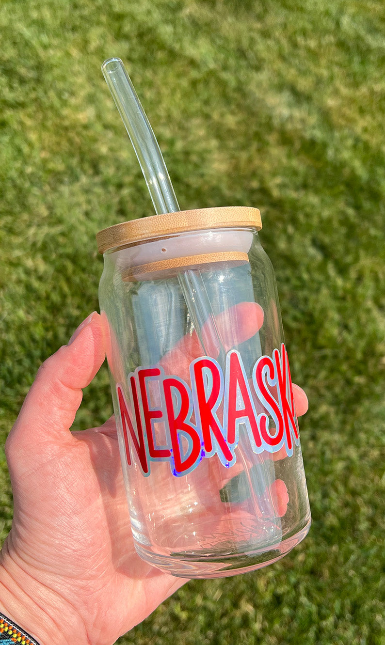 Nebraska- 16oz Libbey Glass with Lid and Straw
